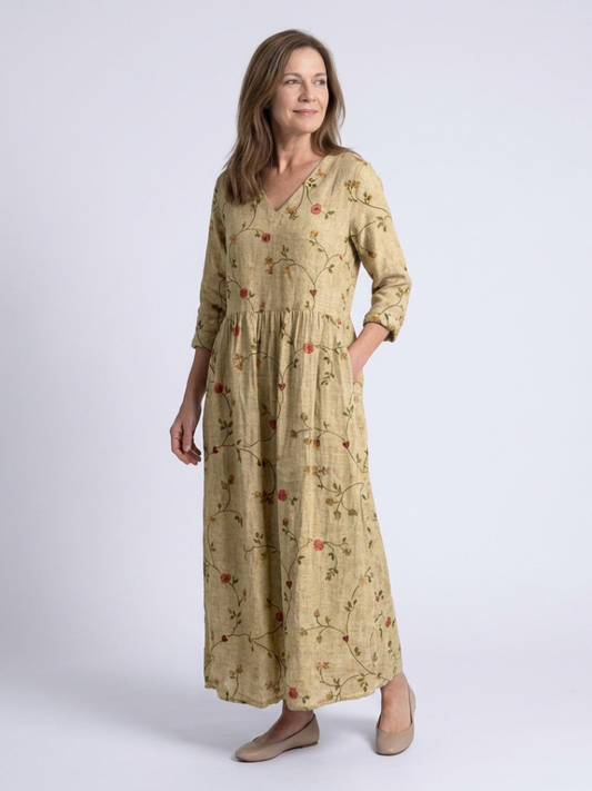 Marina | Geblümtes Maxikleid mit V-Ausschnitt und Dreiviertelärmeln