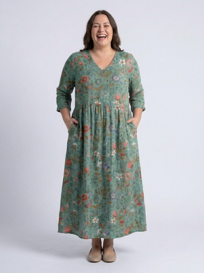 Marina | Geblümtes Maxikleid mit V-Ausschnitt und Dreiviertelärmeln