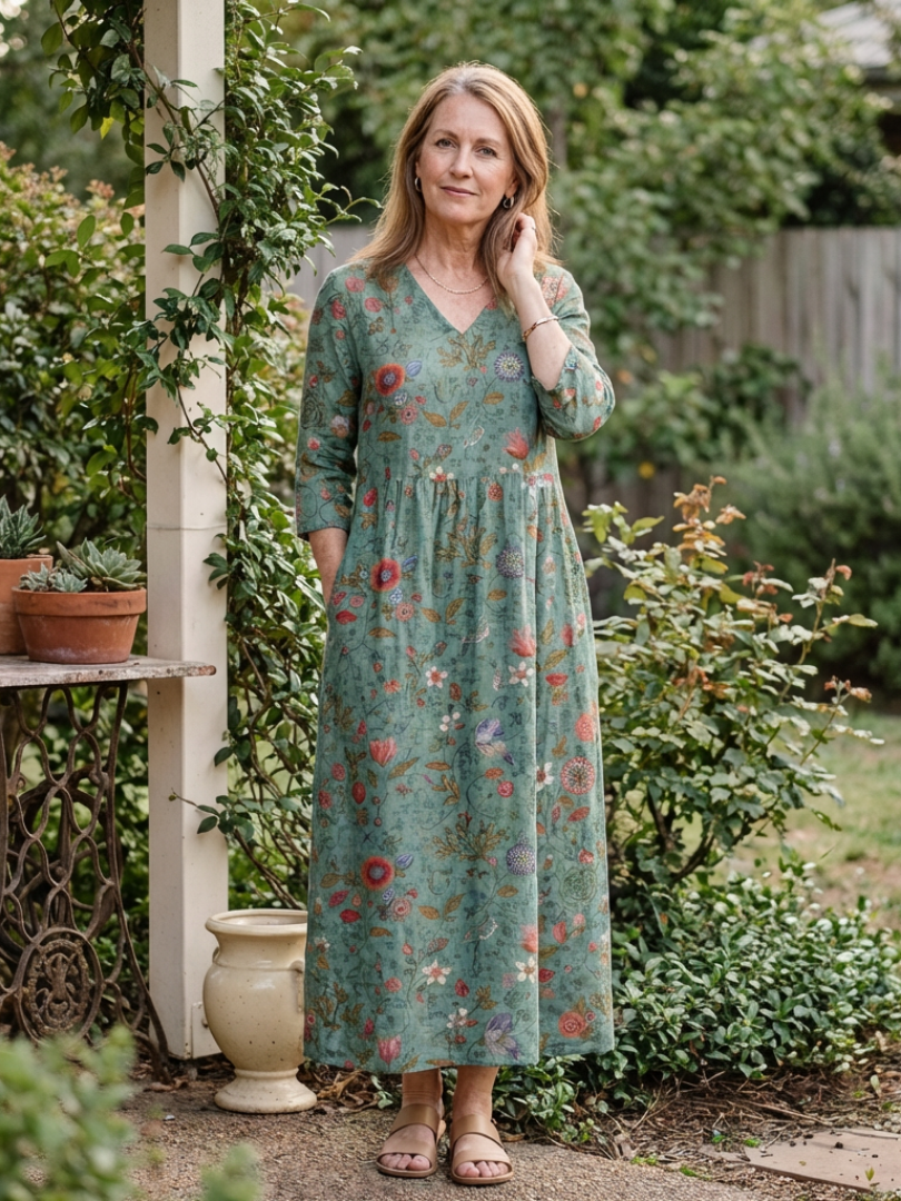 Marina | Geblümtes Maxikleid mit V-Ausschnitt und Dreiviertelärmeln