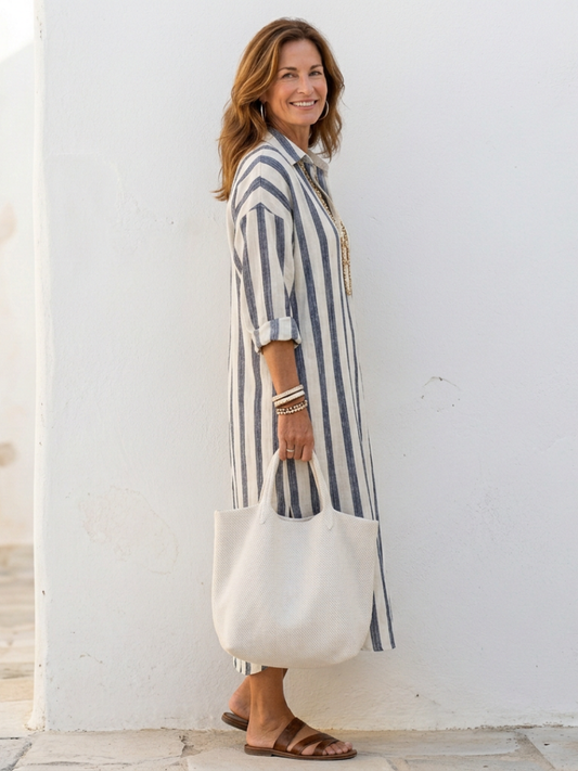 Naomi | Midi-Hemdkleid mit langen Ärmeln und Streifen