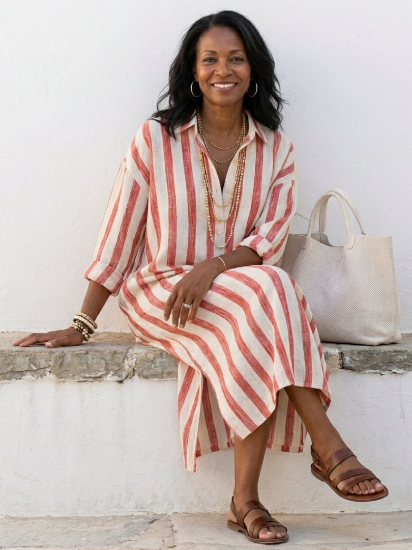 Naomi | Midi-Hemdkleid mit langen Ärmeln und Streifen