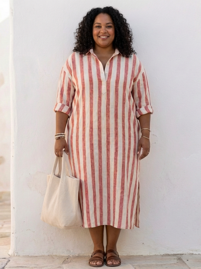 Naomi | Midi-Hemdkleid mit langen Ärmeln und Streifen