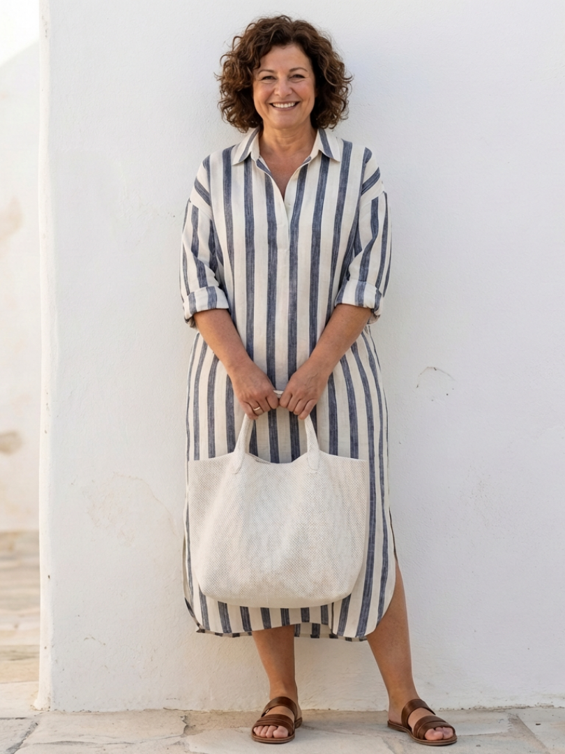 Naomi | Midi-Hemdkleid mit langen Ärmeln und Streifen