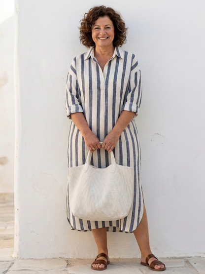 Naomi | Midi-Hemdkleid mit langen Ärmeln und Streifen