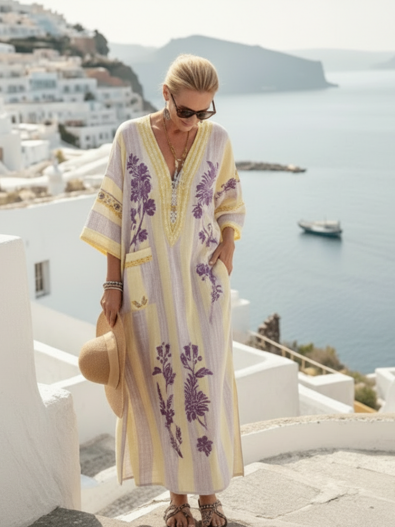 Aurelia | Gemustertes Maxikleid mit V-Ausschnitt und halben Ärmeln