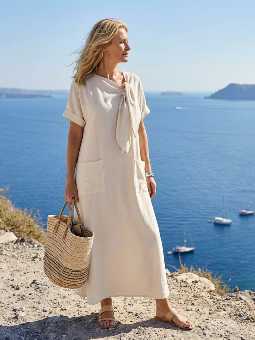 Elowyn | Rundhals Kurzarm Maxi-Kleid mit Taschen