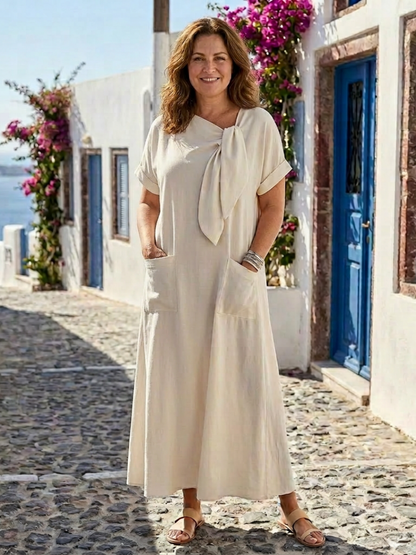 Elowyn | Rundhals Kurzarm Maxi-Kleid mit Taschen