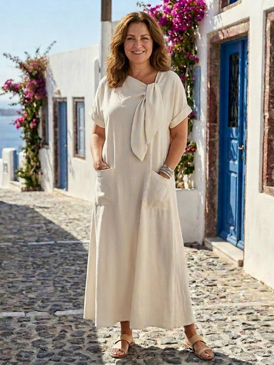 Elowyn | Rundhals Kurzarm Maxi-Kleid mit Taschen