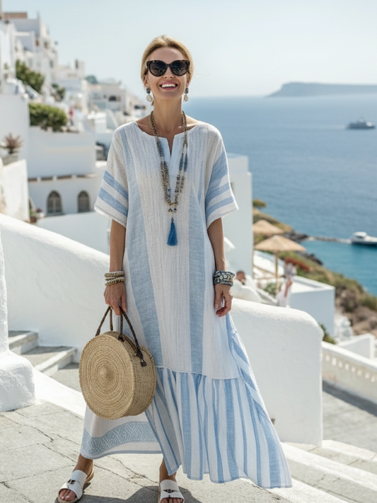 Ione | Gestreiftes Maxikleid mit Rundhalsausschnitt und kurzen Ärmeln