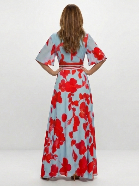 Corinne | V-Ausschnitt Kurzarm Geblümtes Maxikleid