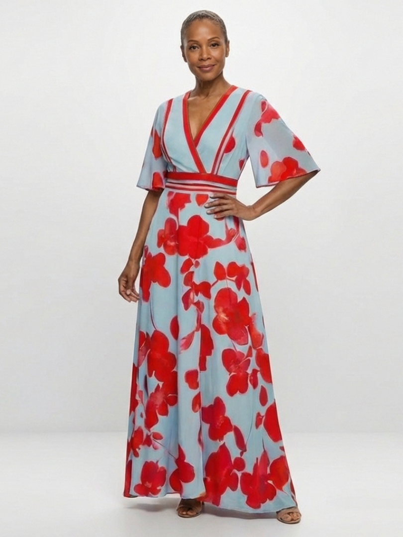 Corinne | V-Ausschnitt Kurzarm Geblümtes Maxikleid