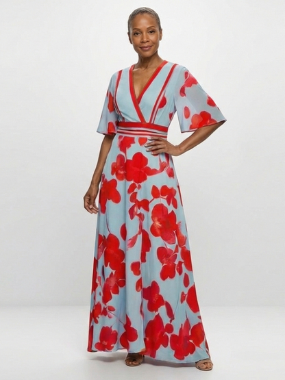 Corinne | V-Ausschnitt Kurzarm Geblümtes Maxikleid