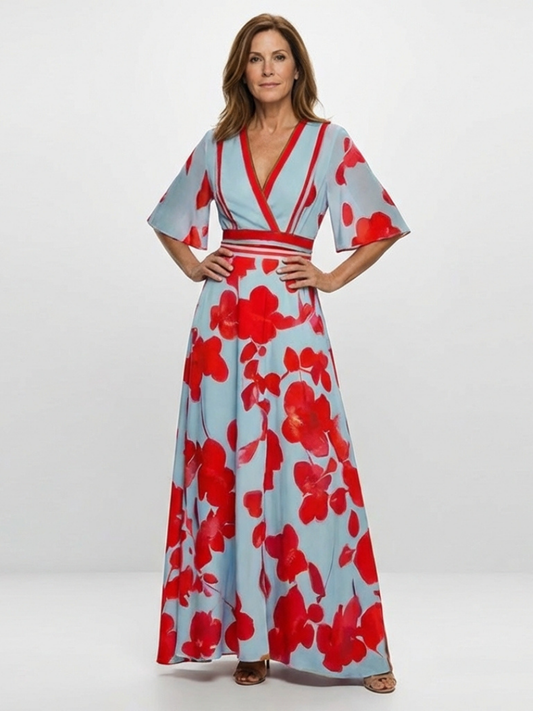 Corinne | V-Ausschnitt Kurzarm Geblümtes Maxikleid