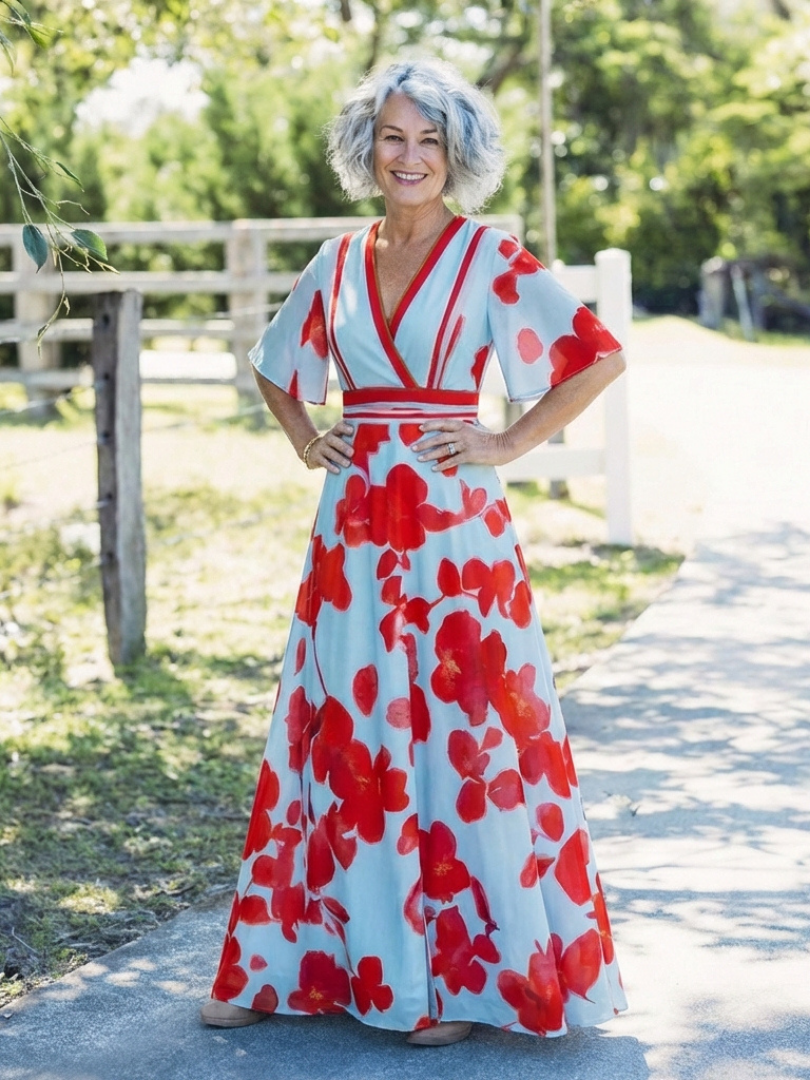 Corinne | V-Ausschnitt Kurzarm Geblümtes Maxikleid