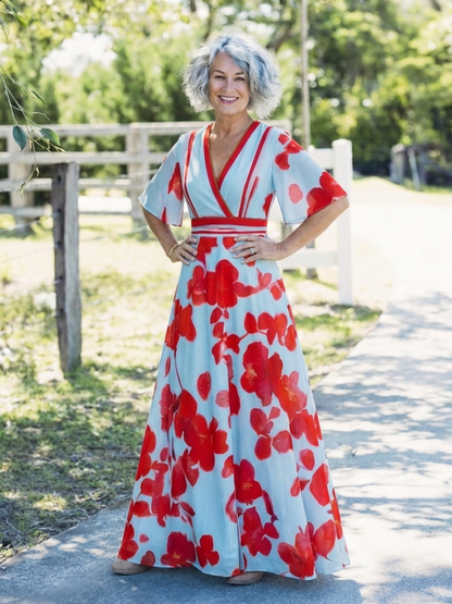 Corinne | V-Ausschnitt Kurzarm Geblümtes Maxikleid