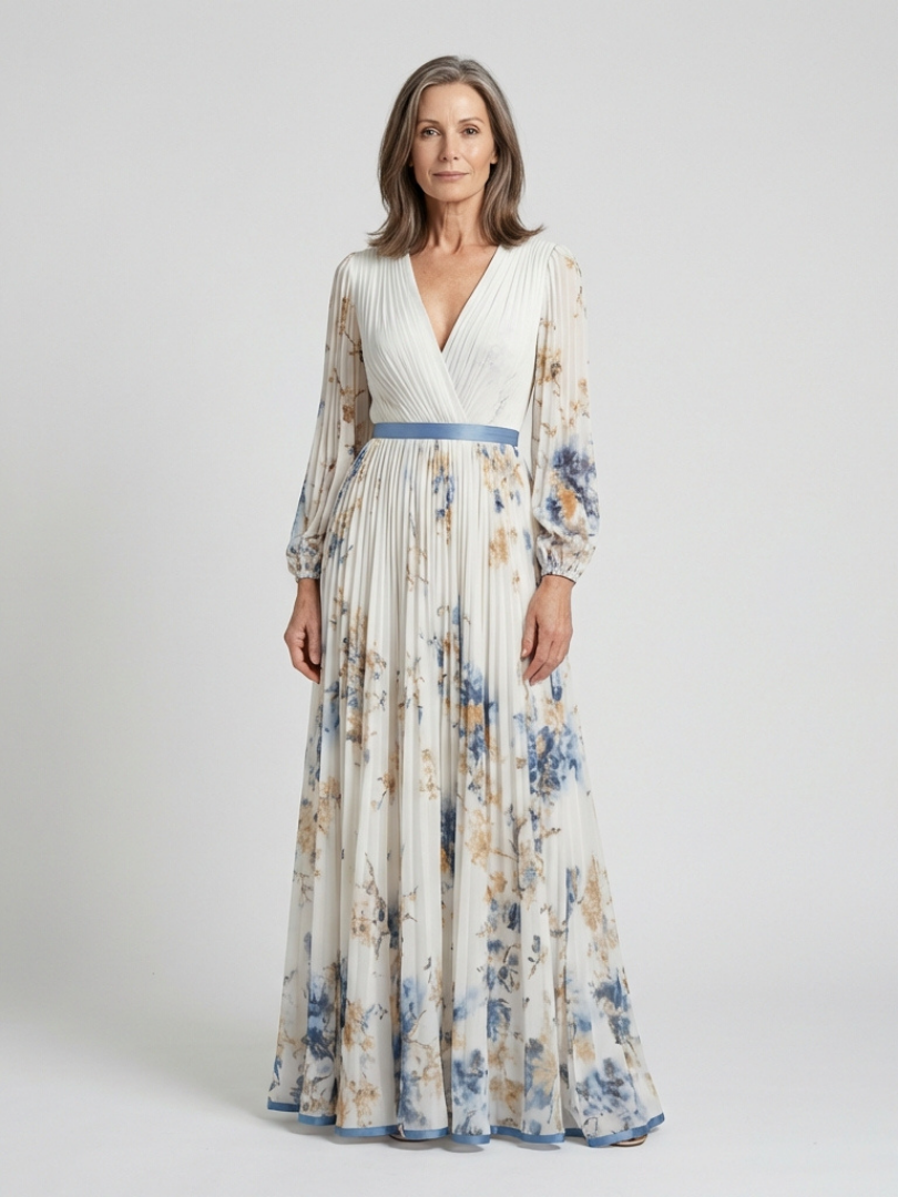 Lavinia | Langärmeliges V-Ausschnitt Maxikleid mit Blumenmuster