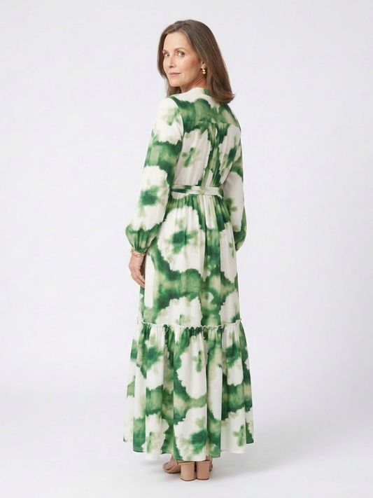 Sabine | Langärmeliges Maxikleid mit Stufenrock und Bindegürtel
