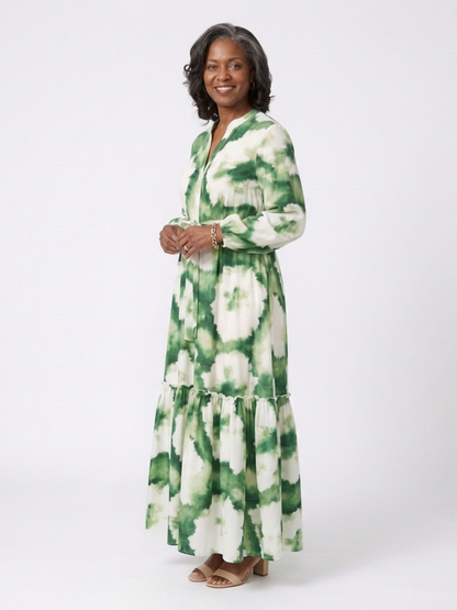Sabine | Langärmeliges Maxikleid mit Stufenrock und Bindegürtel