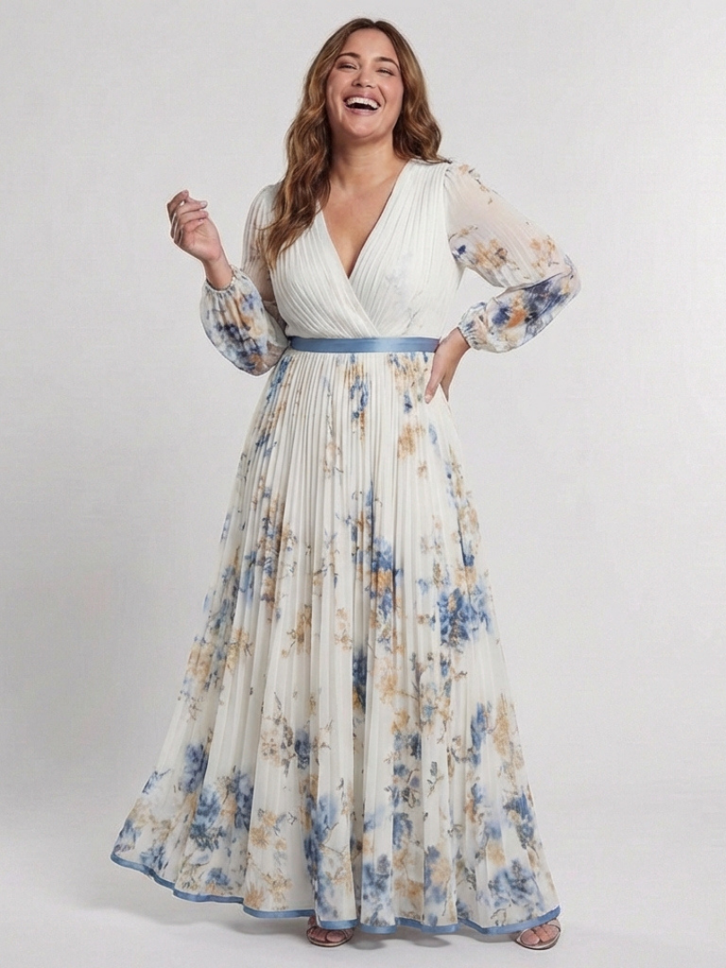 Lavinia | Langärmeliges V-Ausschnitt Maxikleid mit Blumenmuster