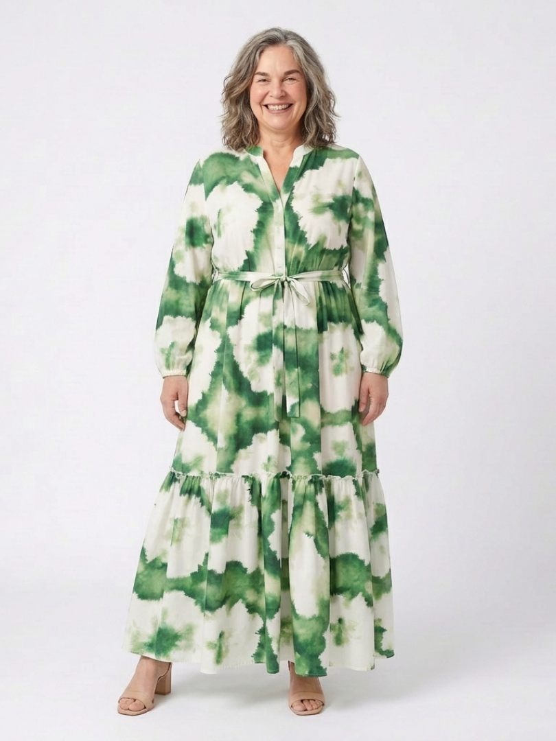 Sabine | Langärmeliges Maxikleid mit Stufenrock und Bindegürtel
