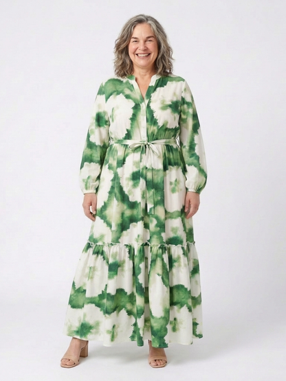 Sabine | Langärmeliges Maxikleid mit Stufenrock und Bindegürtel