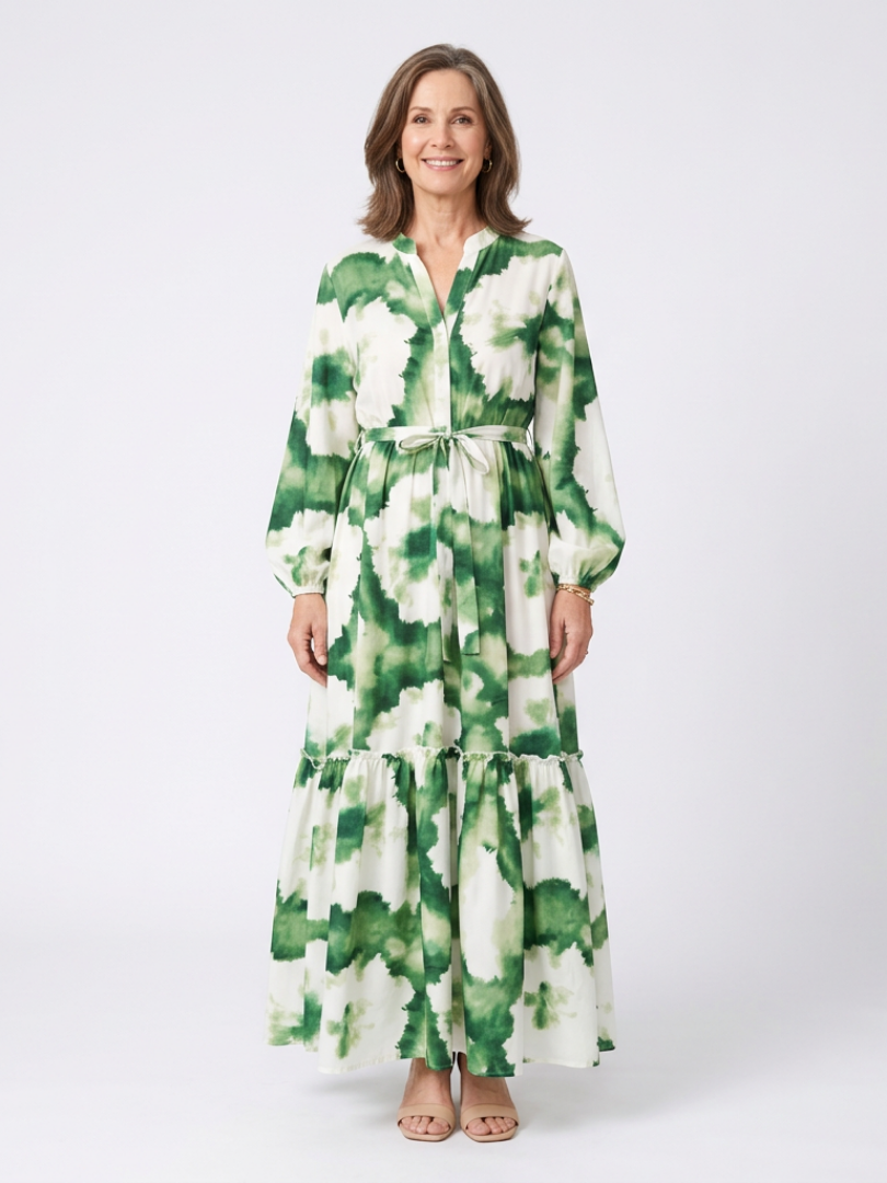 Sabine | Langärmeliges Maxikleid mit Stufenrock und Bindegürtel