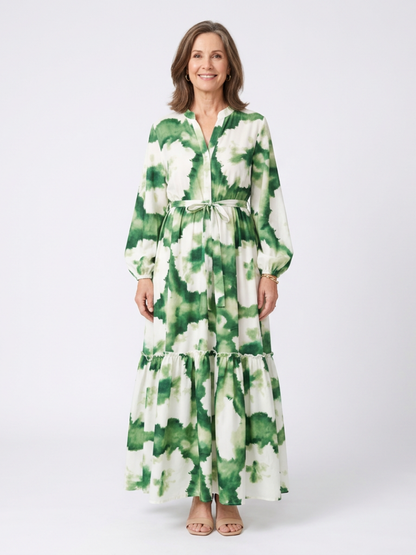 Sabine | Langärmeliges Maxikleid mit Stufenrock und Bindegürtel