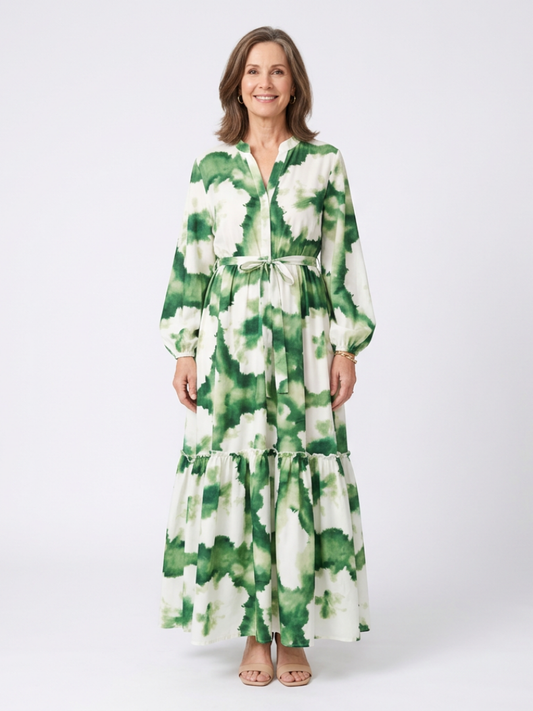 Sabine | Langärmeliges Maxikleid mit Stufenrock und Bindegürtel