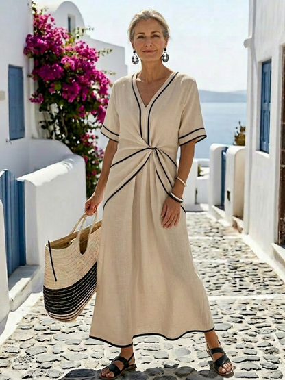 Linnea | V-Ausschnitt, kurze Ärmel, geraffte Taille, Midikleid
