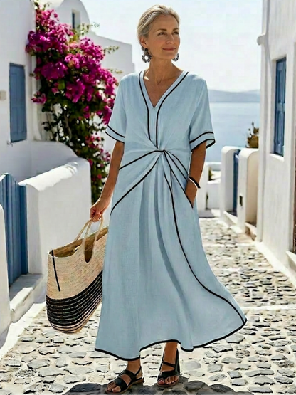 Linnea | V-Ausschnitt, kurze Ärmel, geraffte Taille, Midikleid