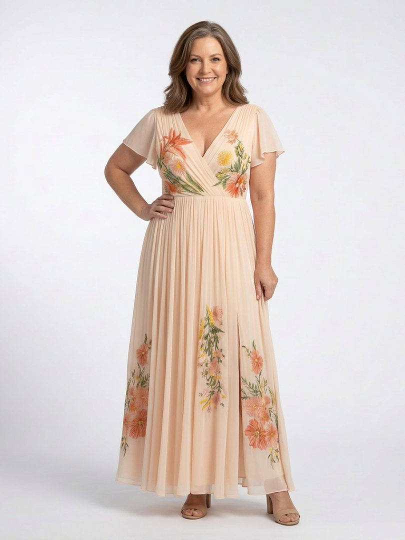 Calista | V-Ausschnitt, kurze Ärmel, plissiertes Maxikleid mit Blumenmuster