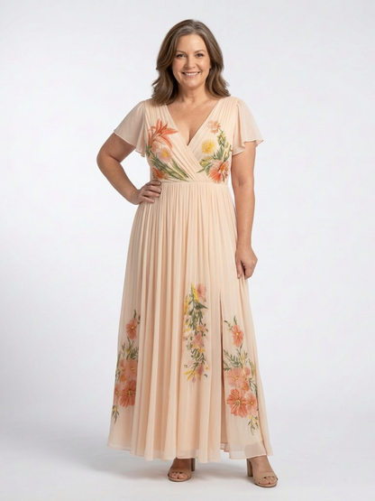 Calista | V-Ausschnitt, kurze Ärmel, plissiertes Maxikleid mit Blumenmuster