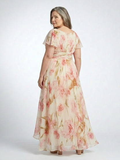 Roslyn | Blumen-Maxikleid mit V-Ausschnitt und kurzen Ärmeln