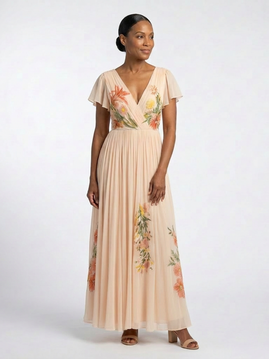 Calista | V-Ausschnitt, kurze Ärmel, plissiertes Maxikleid mit Blumenmuster