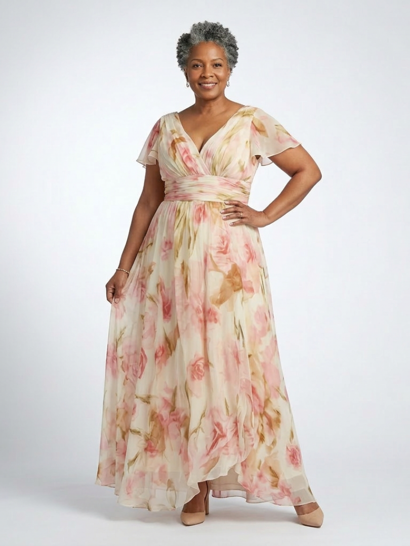 Roslyn | Blumen-Maxikleid mit V-Ausschnitt und kurzen Ärmeln