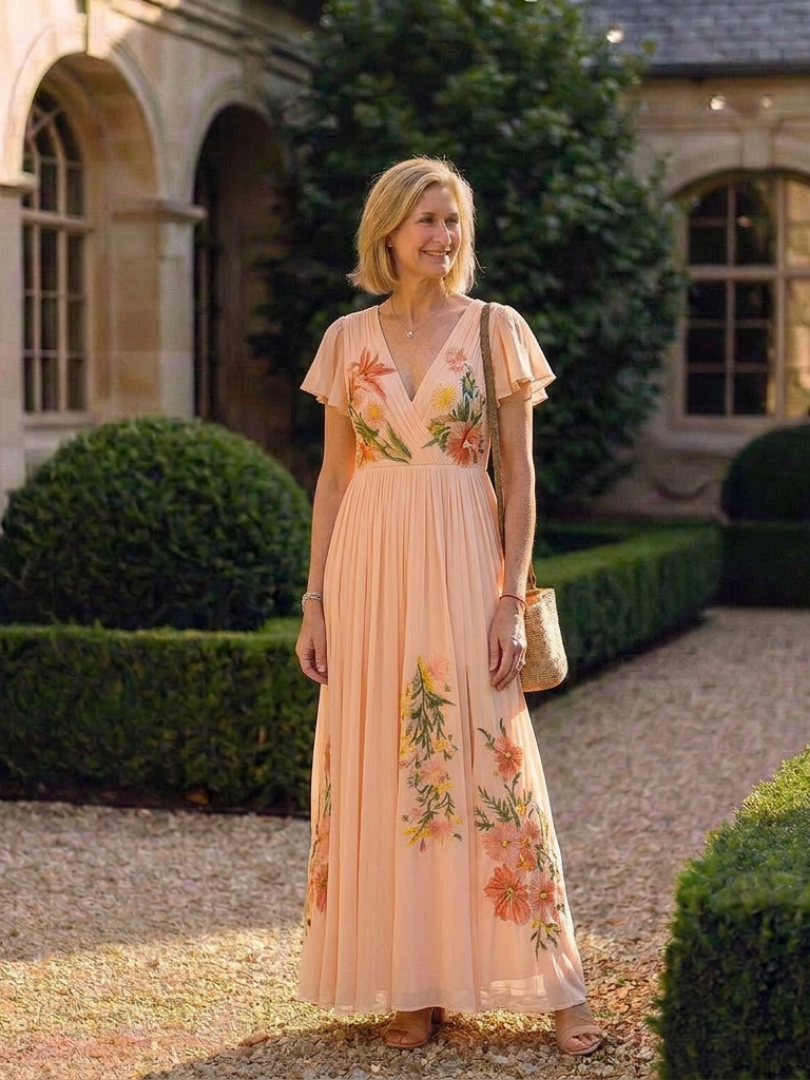 Calista | V-Ausschnitt, kurze Ärmel, plissiertes Maxikleid mit Blumenmuster