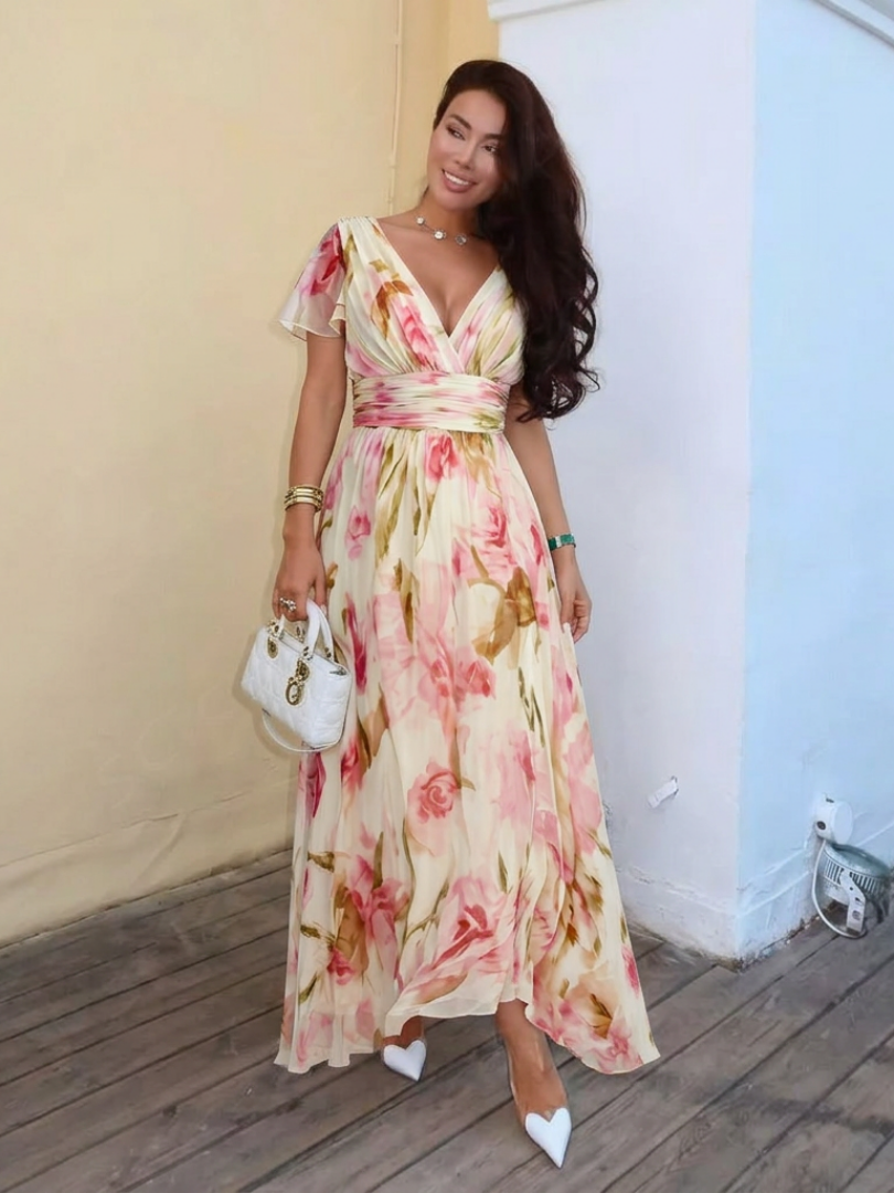 Roslyn | Blumen-Maxikleid mit V-Ausschnitt und kurzen Ärmeln