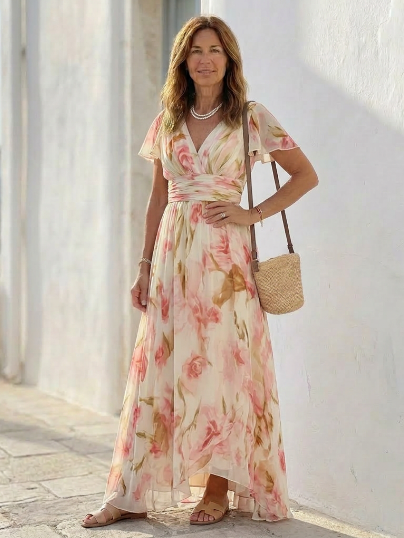 Roslyn | Blumen-Maxikleid mit V-Ausschnitt und kurzen Ärmeln