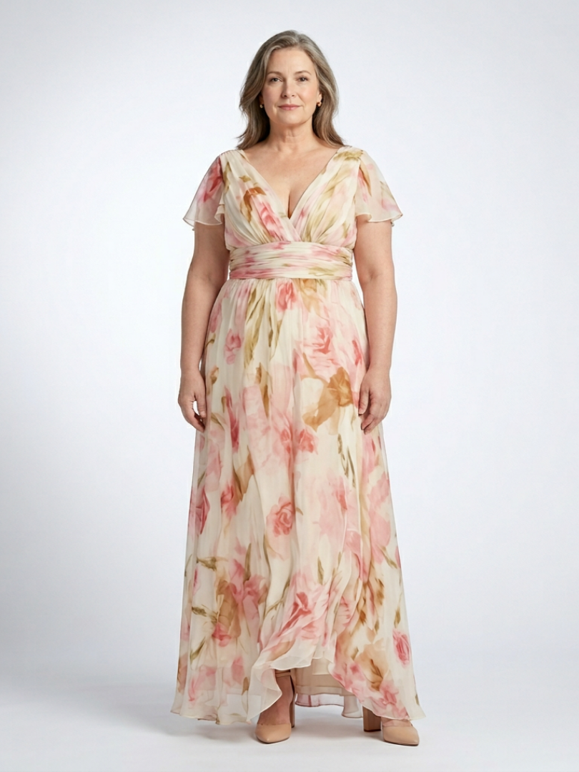 Roslyn | Blumen-Maxikleid mit V-Ausschnitt und kurzen Ärmeln