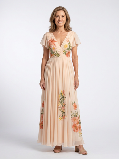Calista | V-Ausschnitt, kurze Ärmel, plissiertes Maxikleid mit Blumenmuster