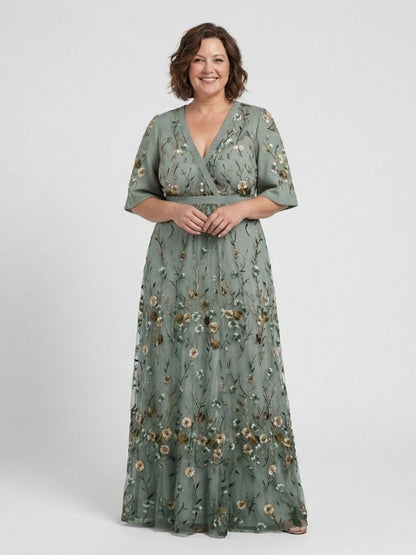 Isolde | Geblümtes Maxikleid mit V-Ausschnitt und Ellenbogenärmeln