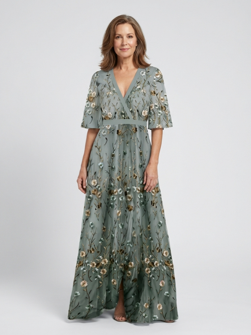 Isolde | Geblümtes Maxikleid mit V-Ausschnitt und Ellenbogenärmeln