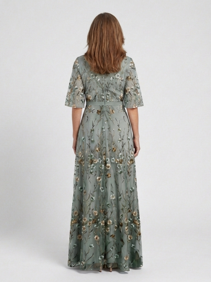 Isolde | Geblümtes Maxikleid mit V-Ausschnitt und Ellenbogenärmeln
