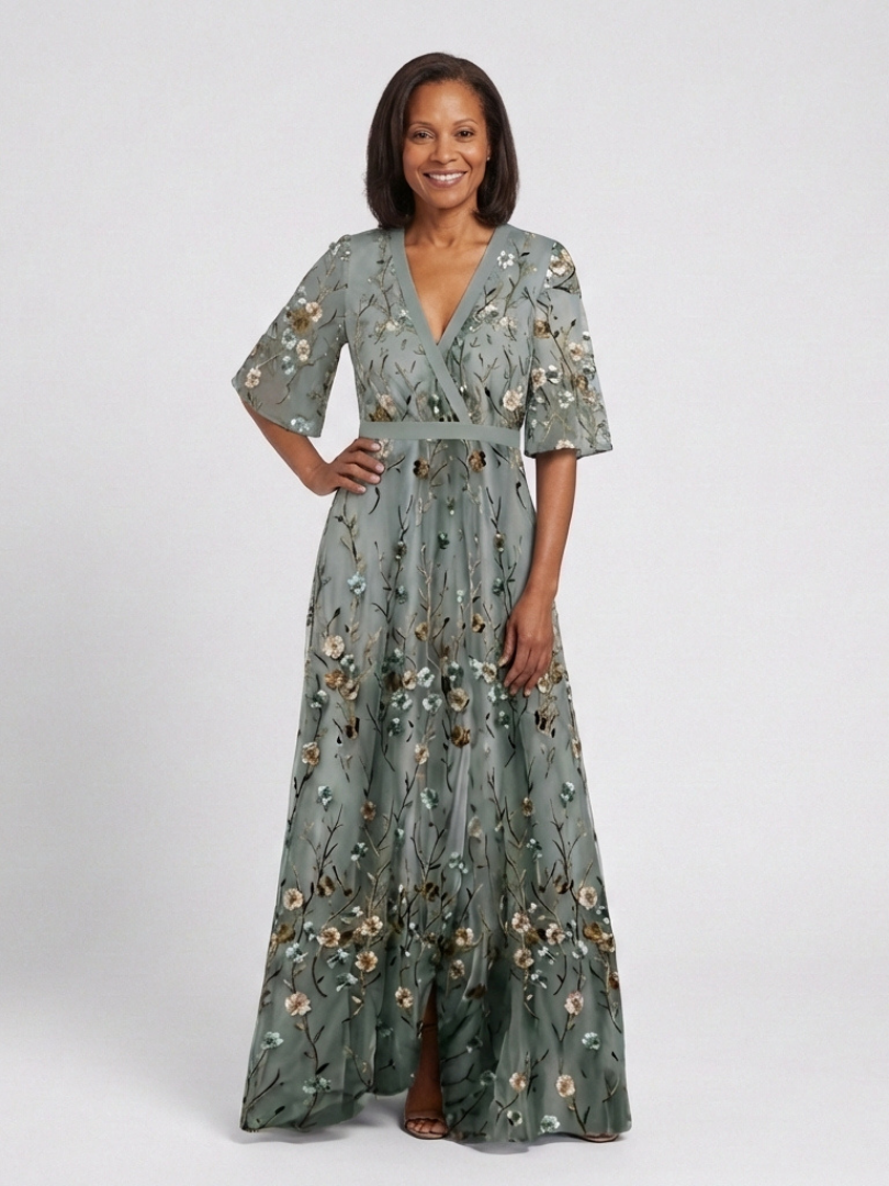 Isolde | Geblümtes Maxikleid mit V-Ausschnitt und Ellenbogenärmeln