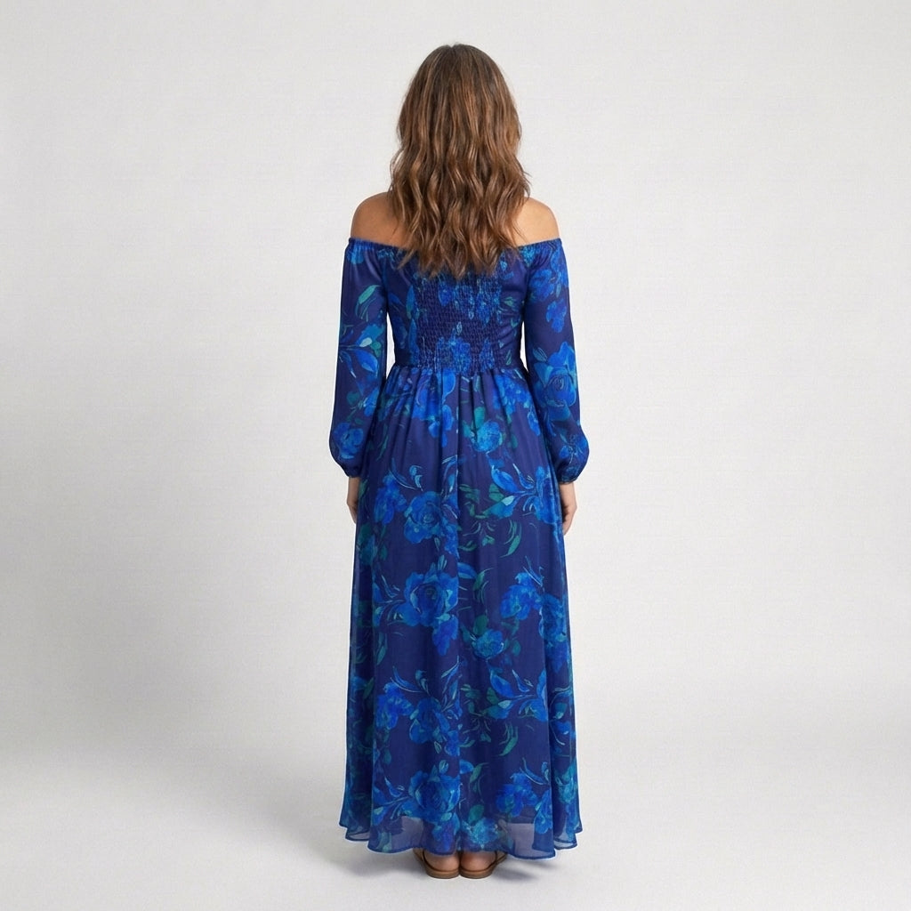 Aspen | Schulterfreies geblümtes Maxikleid