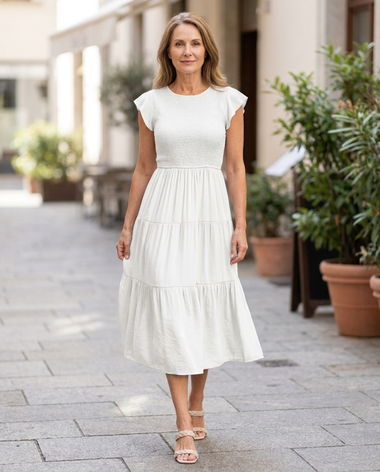 Beatrice | Rundhals-Midikleid mit kurzen Ärmeln und gerafftem Rock