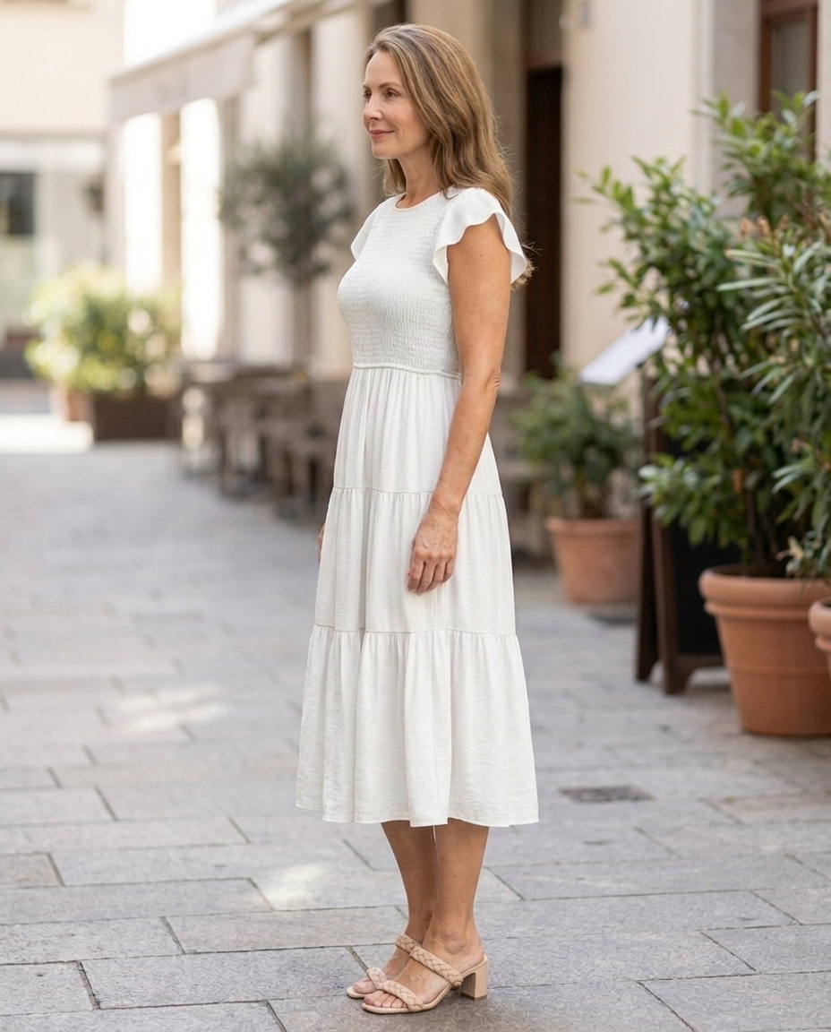 Beatrice | Rundhals-Midikleid mit kurzen Ärmeln und gerafftem Rock