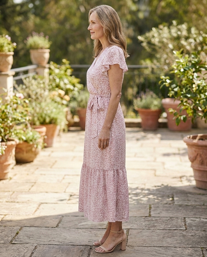 Odette | schulterfreies, geblümtes Midikleid mit Smokeinsätzen