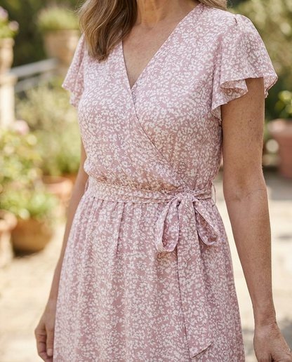 Odette | schulterfreies, geblümtes Midikleid mit Smokeinsätzen