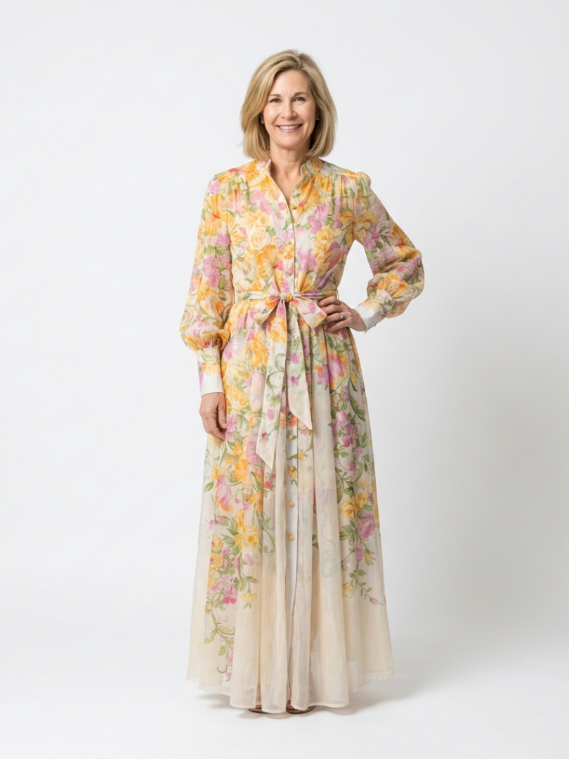Petronella | Maxi-Kleid mit Blumenmuster, transparenten langen Ärmeln, Gürtel und Knopfleiste